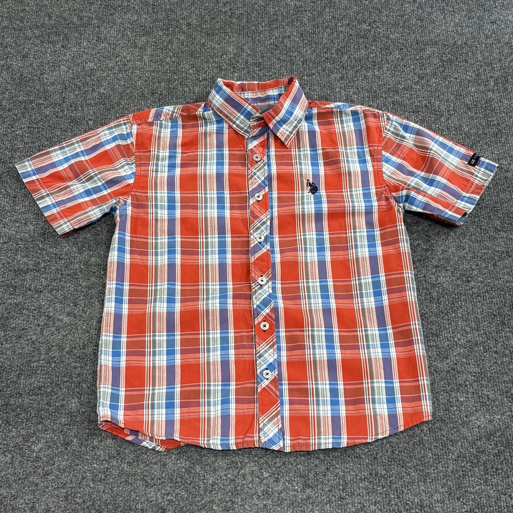 U.S. Polo Assn. Shirt Boys Small Red Blue Plaid Short Sleeve Button Front Top
